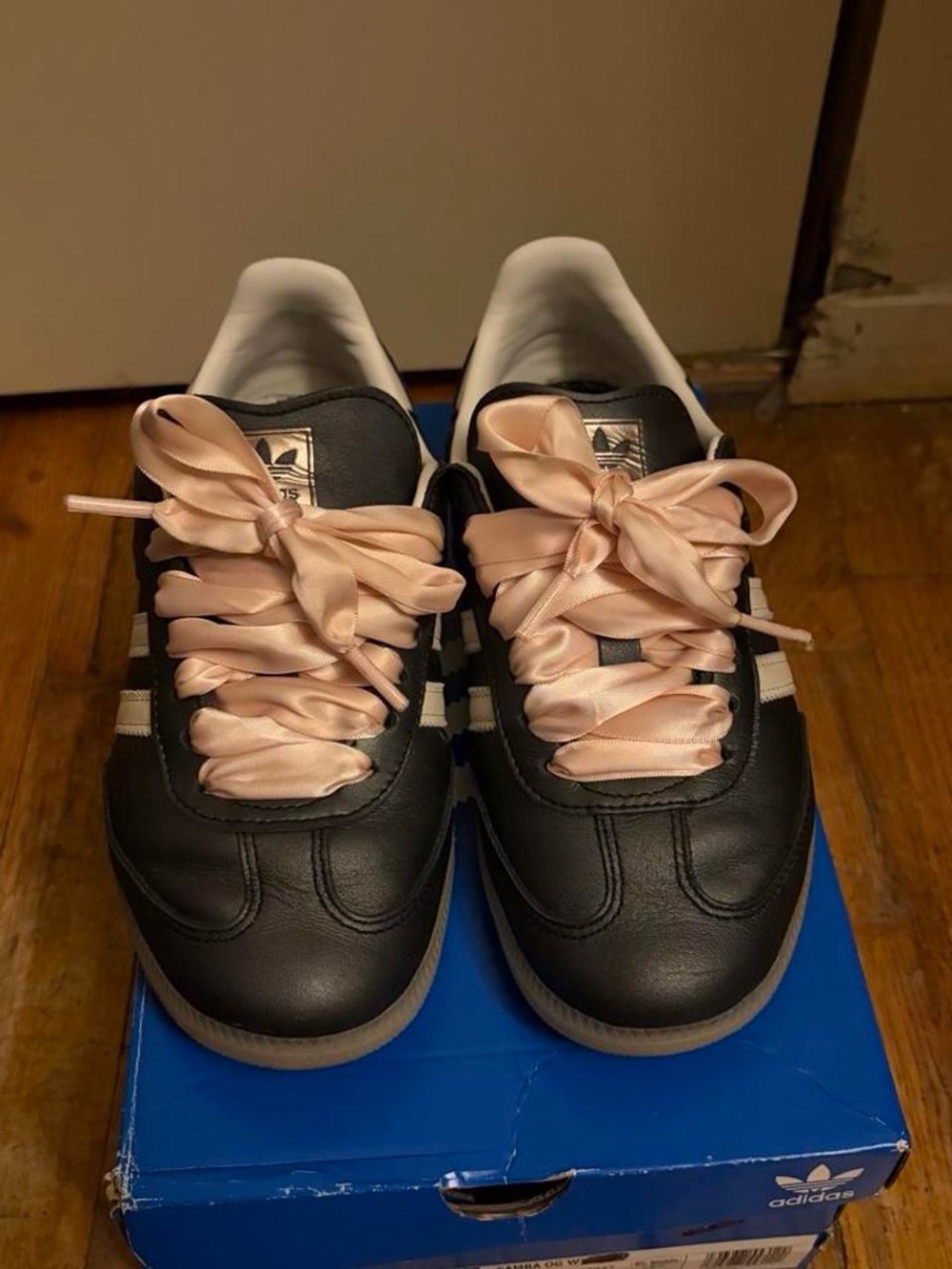 Adidas Black Leather Sneakers with Pink Satin Laces